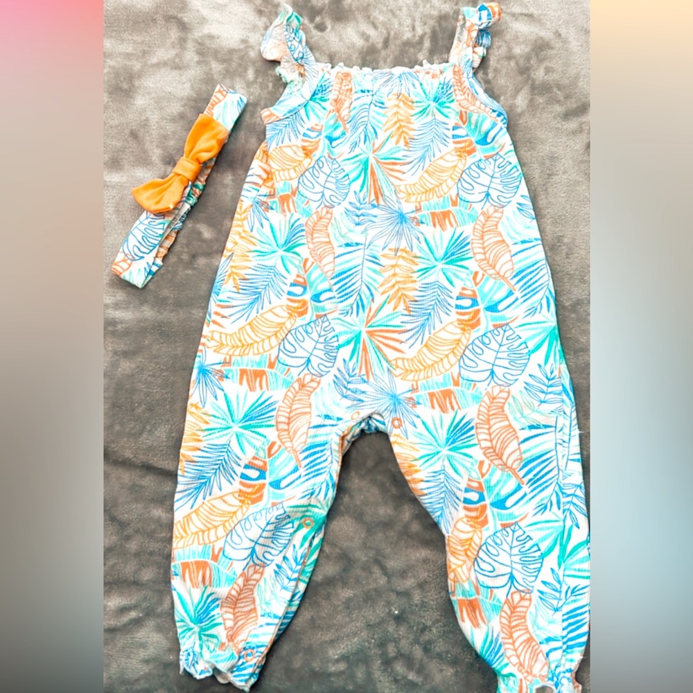 Blue one piece jumper with matching headband. 18 Months. Never worn but washed.